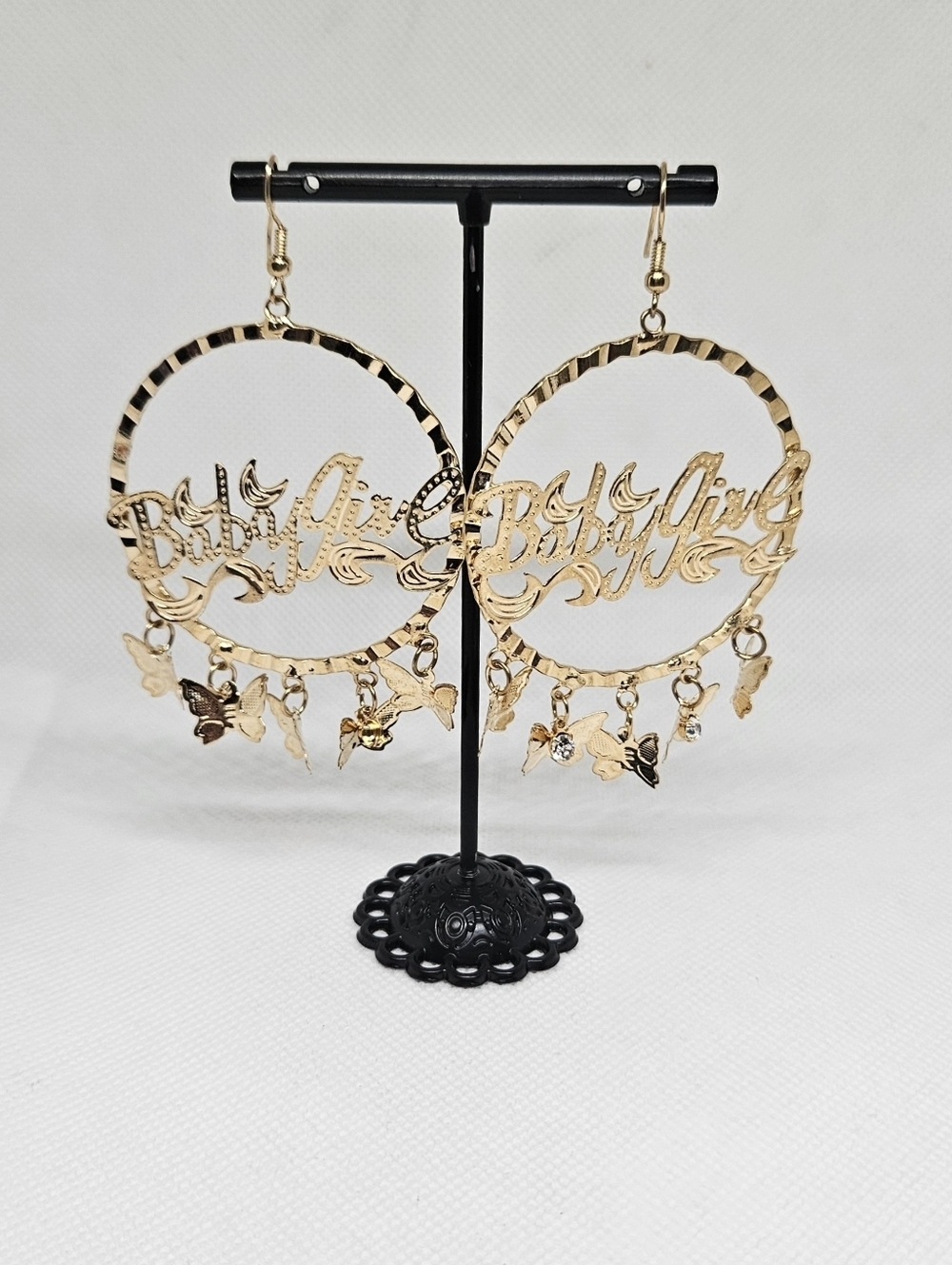 Gold Tone Baby Girl Hoop Earrings Butterfly Charm Statement